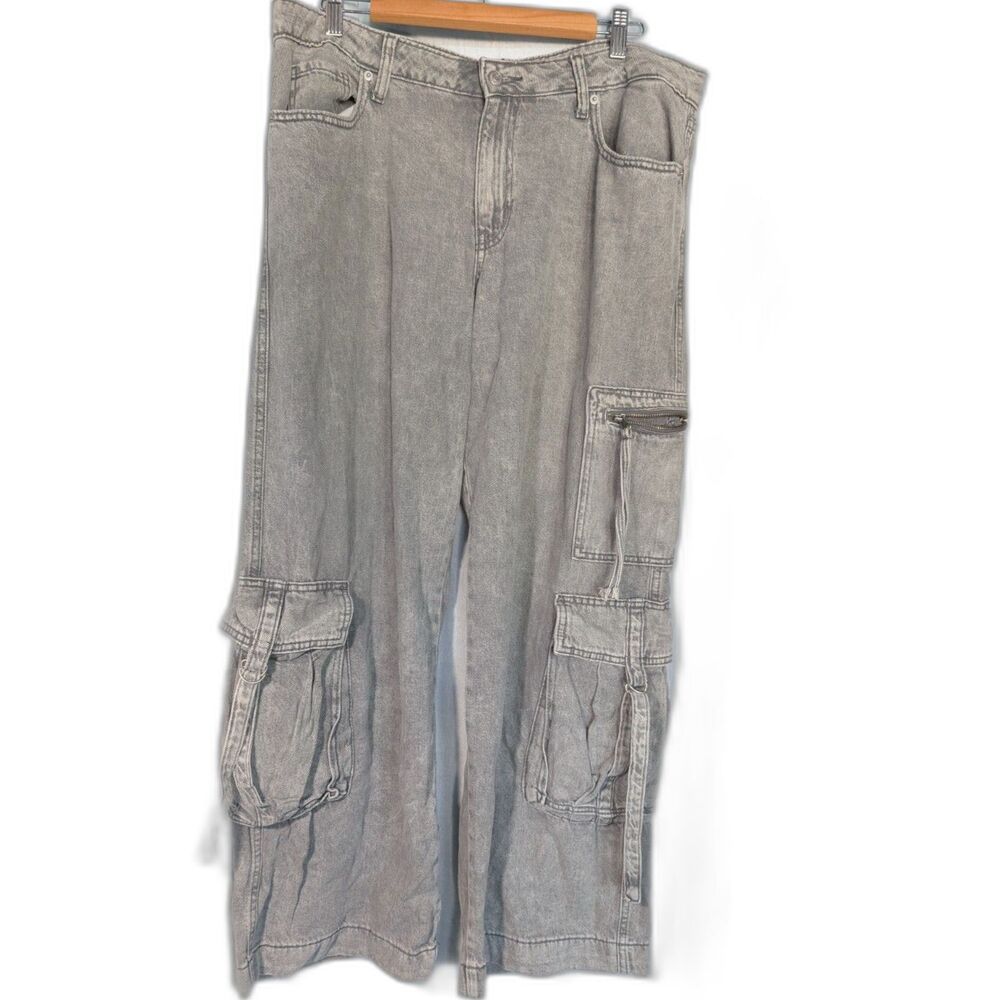 Gray Wash Wide Leg Cargo Pants Skate Grunge Cyber Y2K Gorpcore